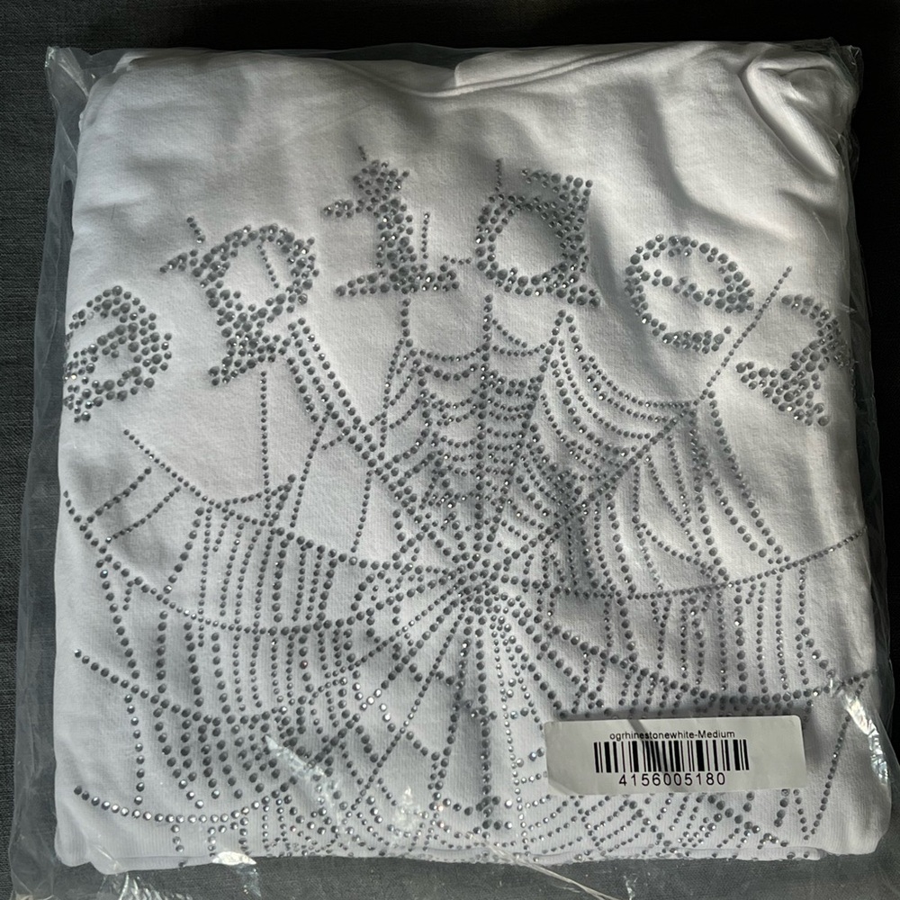Sp5der OG White Rhinestone Hoodie Medium — Brand New
